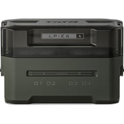 Tilta Portable Charging Station for LP-E6 batteries with dual charging slots and LED status lights.