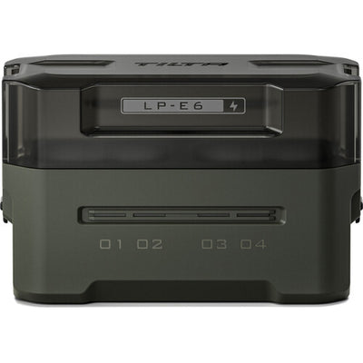 Tilta Portable Charging Station for LP-E6 batteries with dual charging slots and LED status lights.