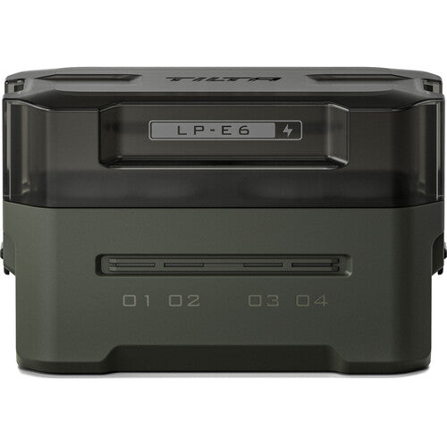 Tilta Portable Charging Station for LP-E6 batteries with dual charging slots and LED status lights.