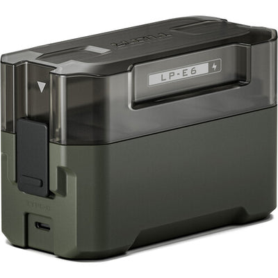 Tilta Portable Charging Station for LP-E6 batteries with dual charging slots and LED status lights.