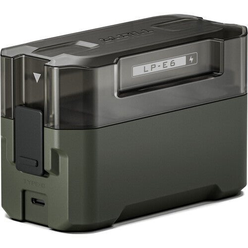 Tilta Portable Charging Station for LP-E6 batteries with dual charging slots and LED status lights.