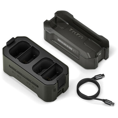 Tilta Portable Charging Station for LP-E6 batteries with dual charging slots and LED status lights.