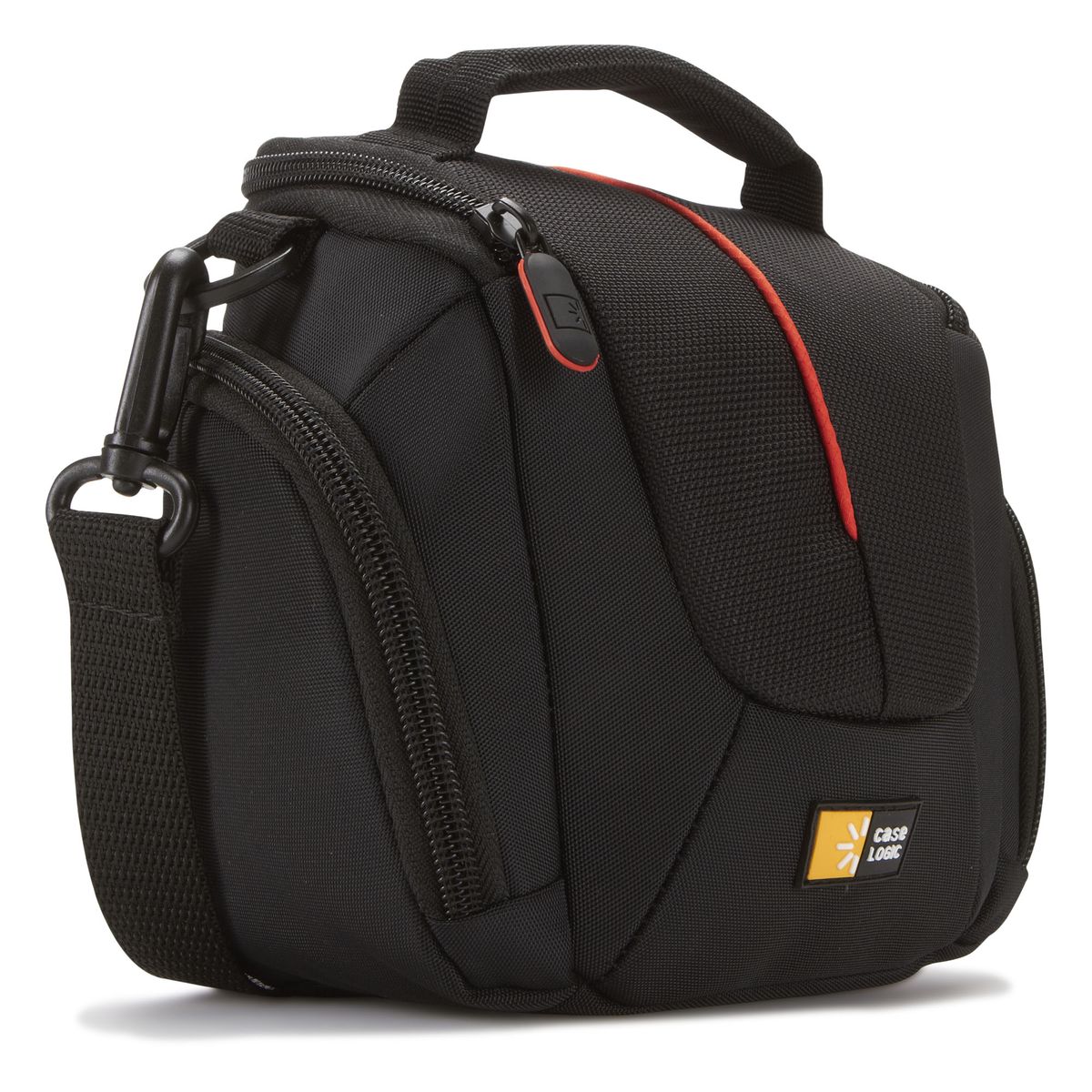Black camera bag with red zipper on a white background
