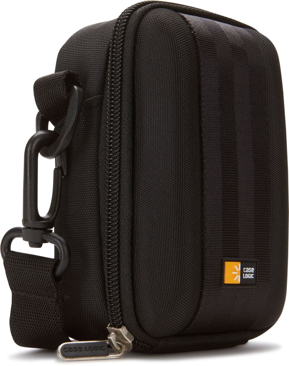 Black zippered pouch with a visible brand logo on a white background