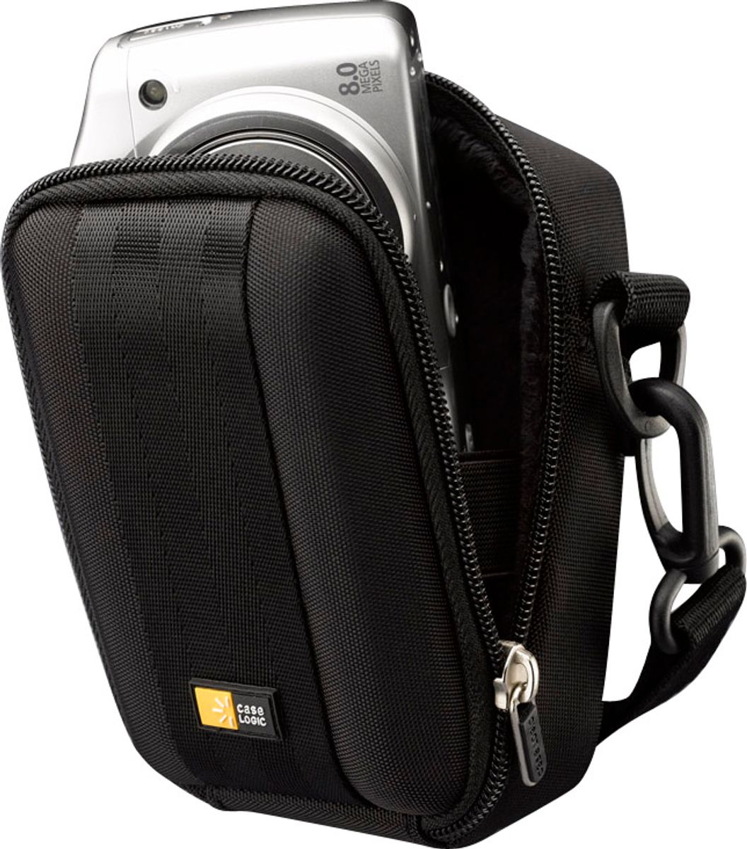 Black camera case with a digital camera inside on a white background