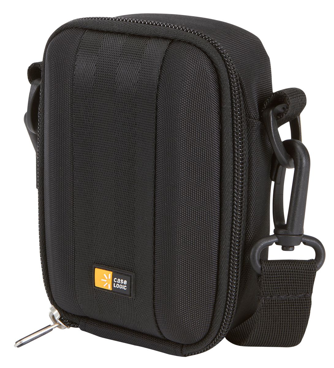 Black zippered pouch with a visible brand logo on a white background