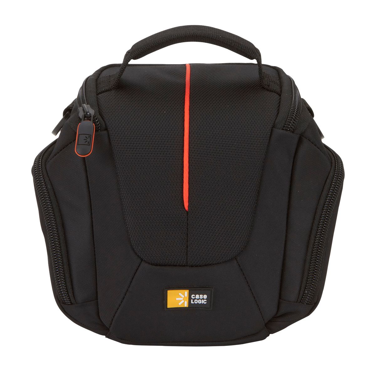 Black camera bag with a red stripe and Case Logic logo on a white background
