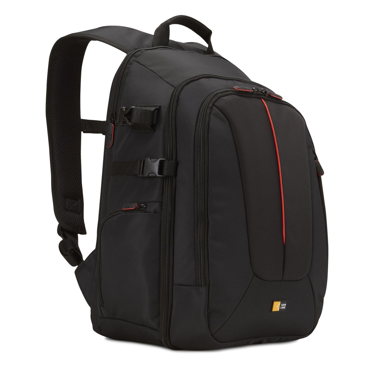 Black backpack with red accents on a white background