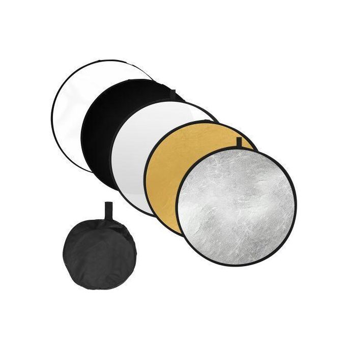 Hylow 5-in-1 Collapsible Reflector showing gold, silver, white, black, and translucent panels.