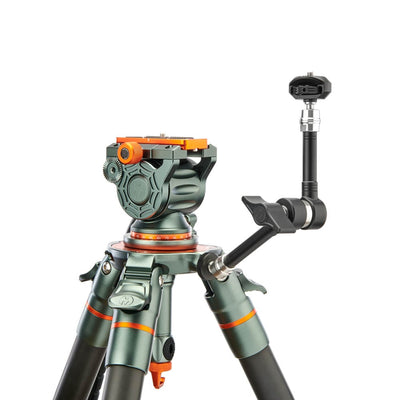 Camera tripod with head on a white background