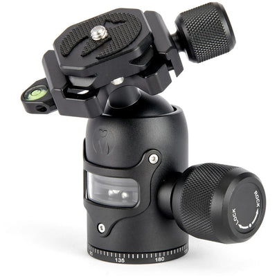 3 Legged Thing AirHed Vu Ball Head in matte black, featuring a magnesium alloy body with a clear vision panel showing the internal mechanism, Arca-type quick release plate, coloured knurled tightening knob, integrated bubble level, and 360° panning capability with independent pan lock.