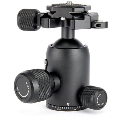 3 Legged Thing AirHed Vu Ball Head in matte black, featuring a magnesium alloy body with a clear vision panel showing the internal mechanism, Arca-type quick release plate, coloured knurled tightening knob, integrated bubble level, and 360° panning capability with independent pan lock.