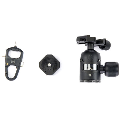 3 Legged Thing AirHed Vu Ball Head in matte black, featuring a magnesium alloy body with a clear vision panel showing the internal mechanism, Arca-type quick release plate, coloured knurled tightening knob, integrated bubble level, and 360° panning capability with independent pan lock.