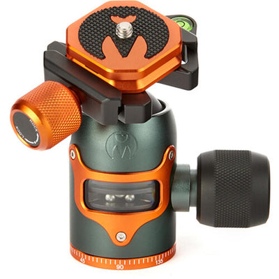 3 Legged Thing AirHed Vu Ball Head in matte black, featuring a magnesium alloy body with a clear vision panel showing the internal mechanism, Arca-type quick release plate, coloured knurled tightening knob, integrated bubble level, and 360° panning capability with independent pan lock.