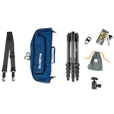 Camera accessories including a blue bag, tripod, strap, and other equipment on a white background