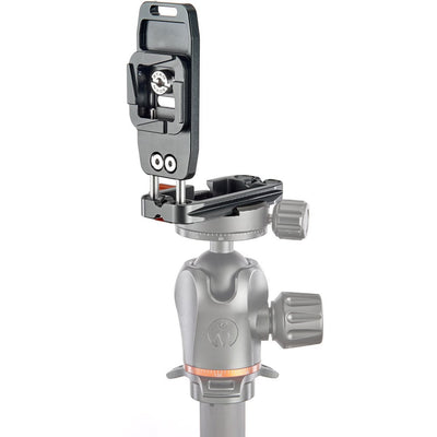 Camera tripod head with quick release plate on a white background