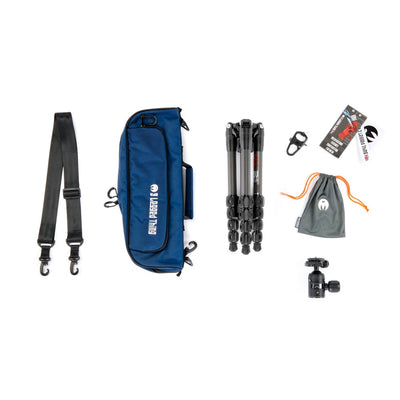 Collection of photography equipment including a blue bag, tripod, camera strap, and other accessories on a white background.