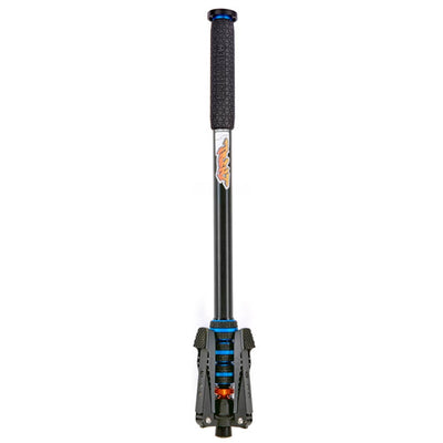 Black and blue adjustable monopod with folded feet and a brand logo on a white background