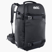 Black backpack with 'evoc' branding on a white background