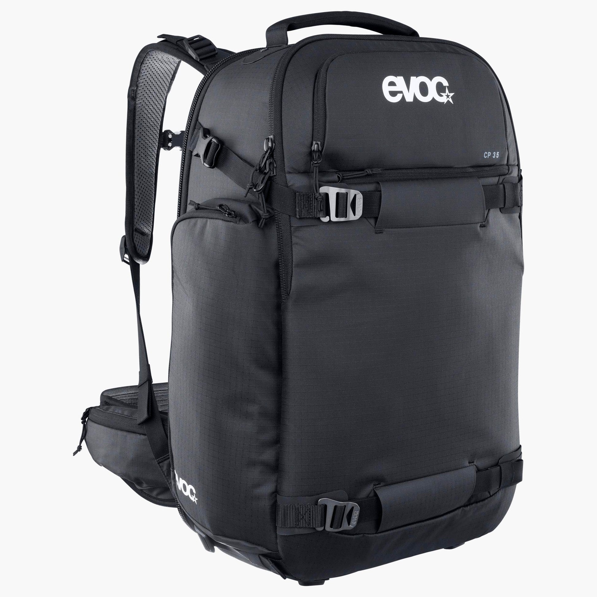 Black backpack with 'evoc' branding on a white background
