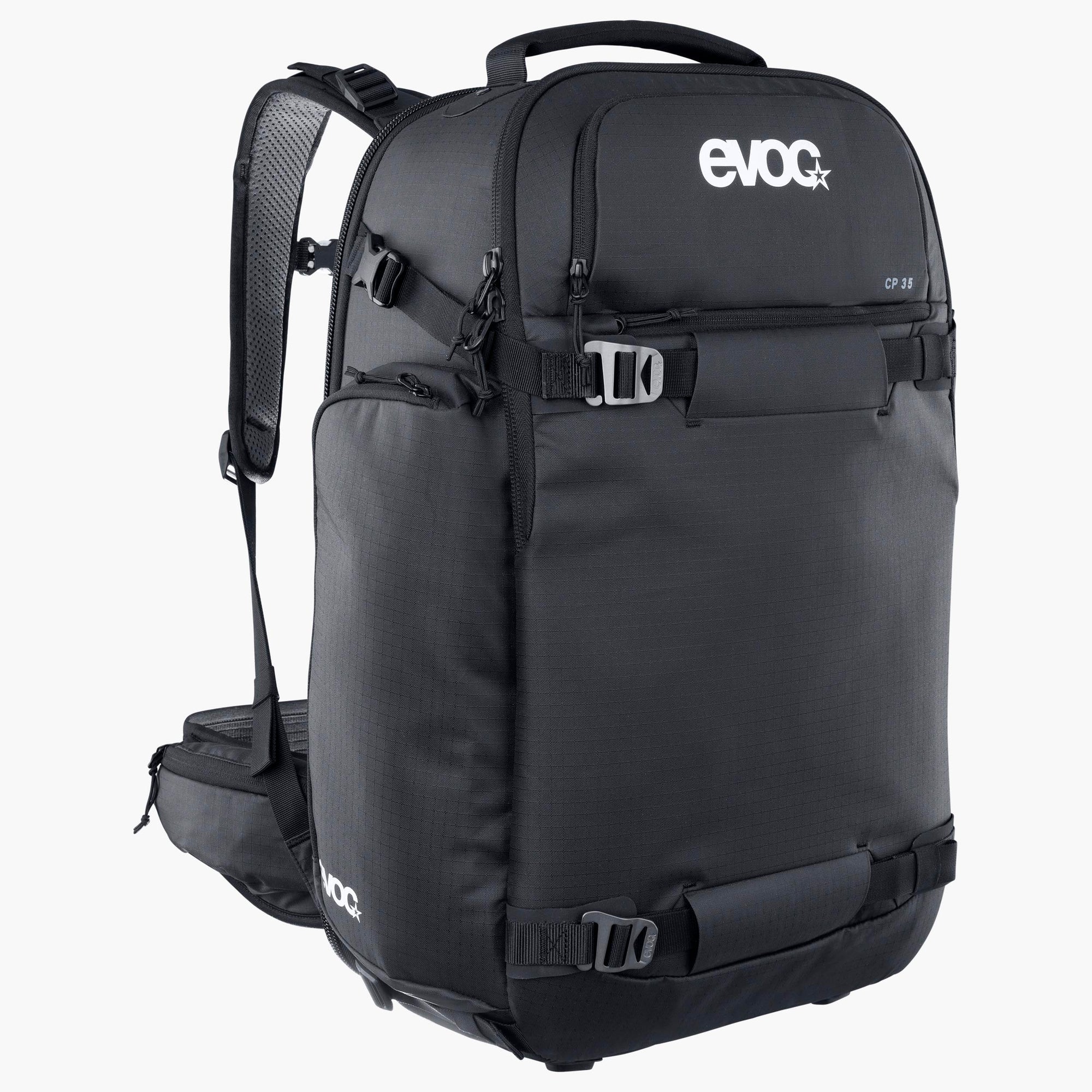 Black backpack with 'evoc' branding on a white background
