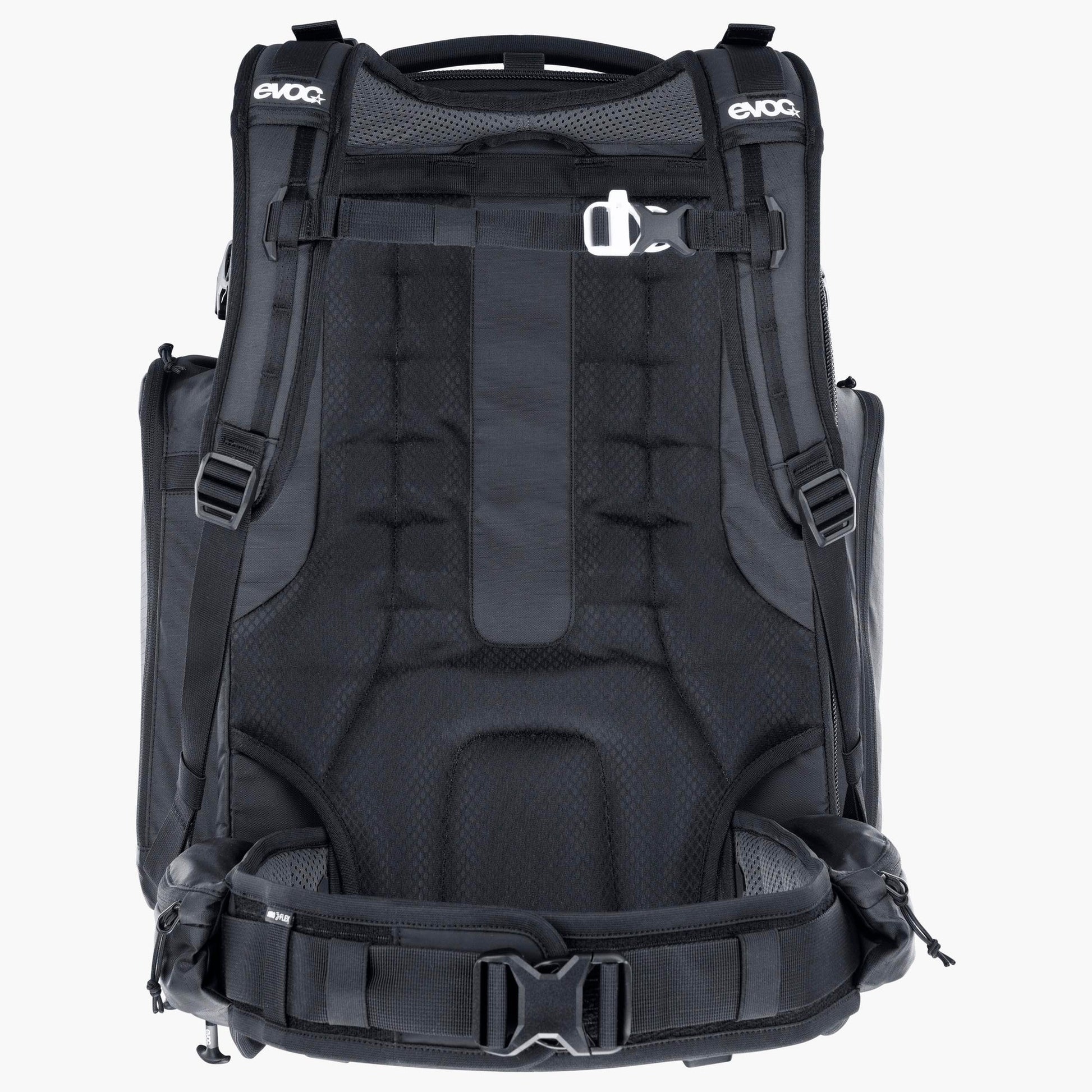 Black backpack with visible branding on a white background