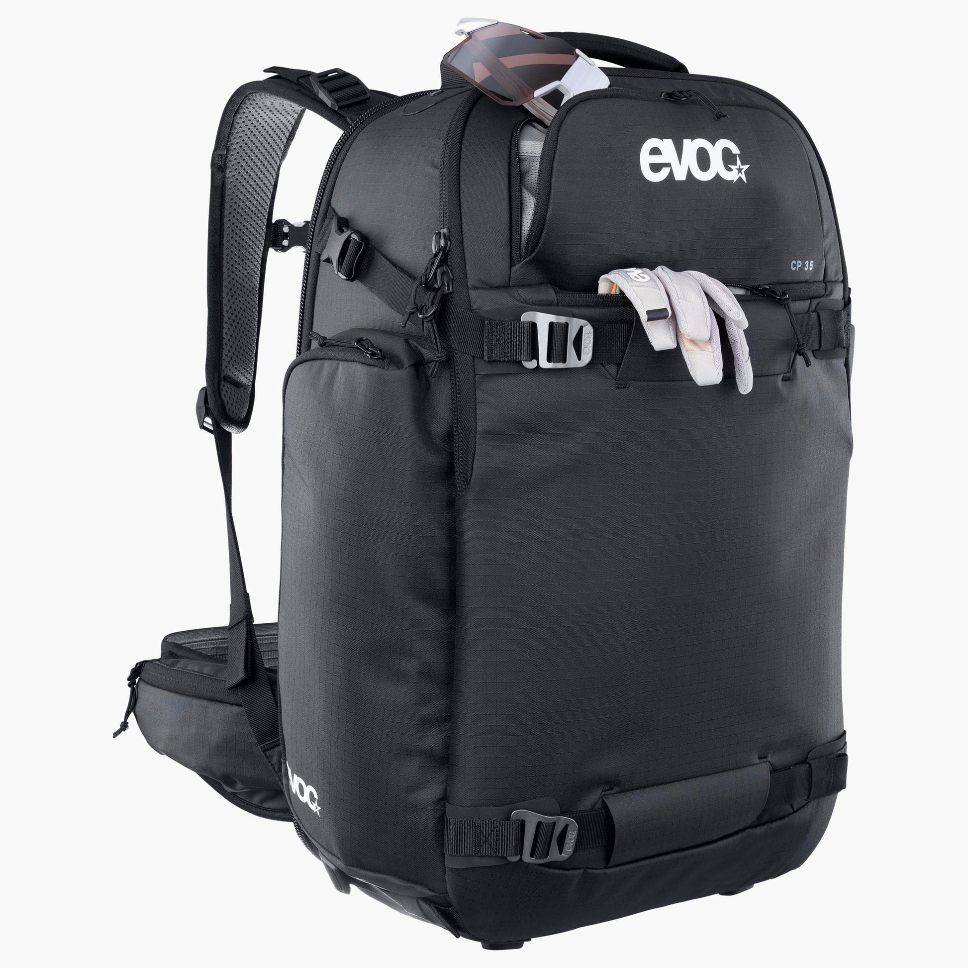 Black backpack with visible Evoc branding on a white background