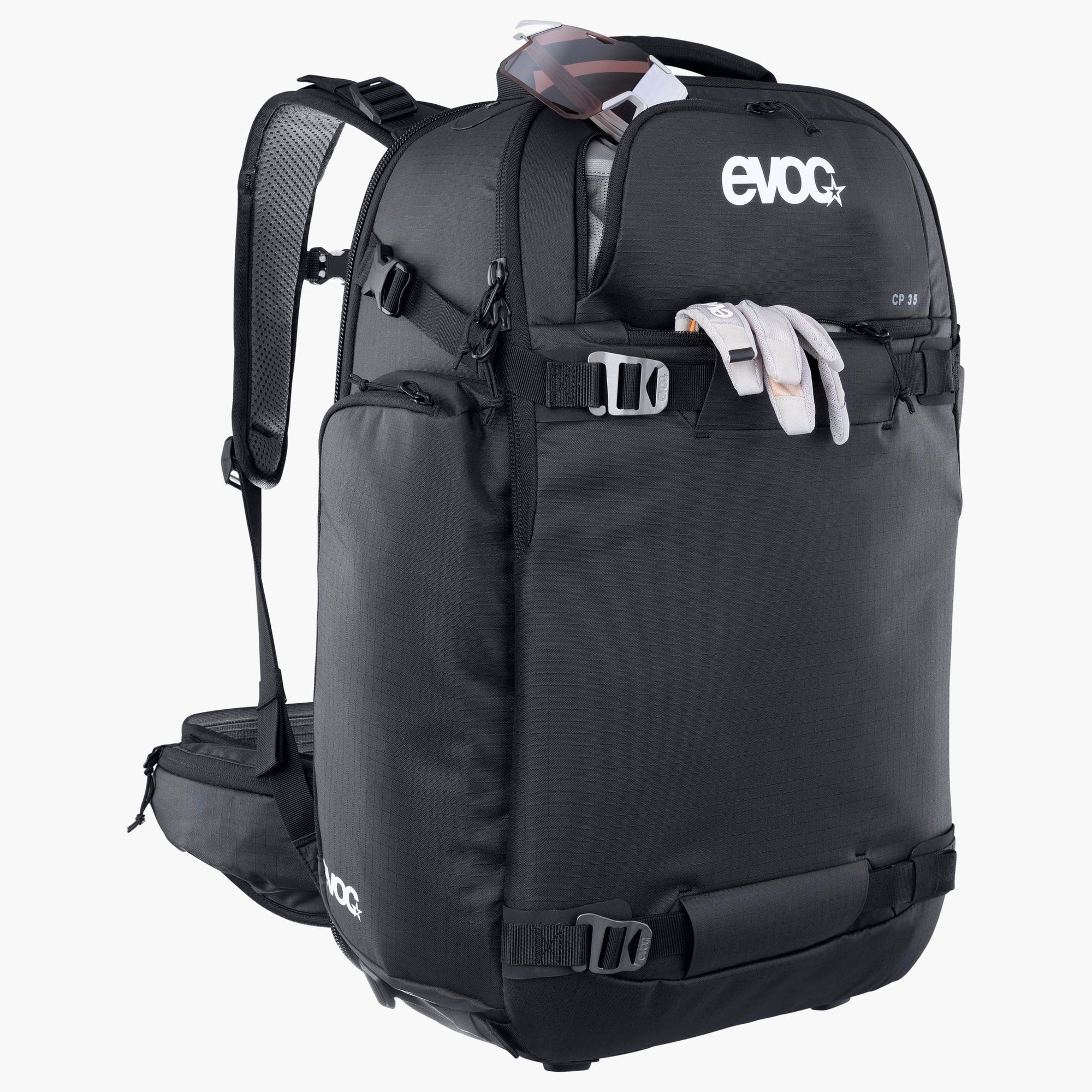 Black backpack with visible Evoc branding on a white background