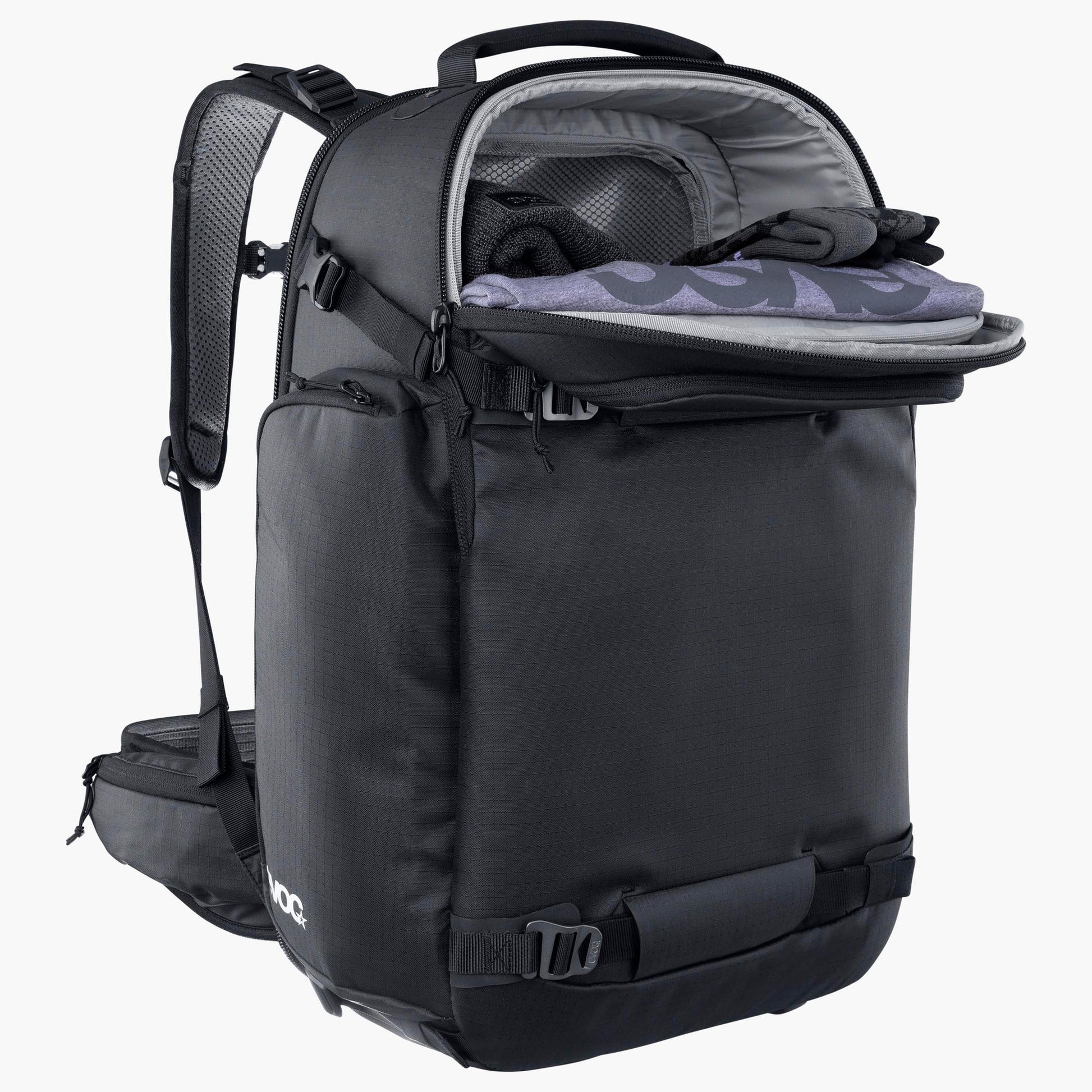Black backpack with open compartment showing gray interior on a white background
