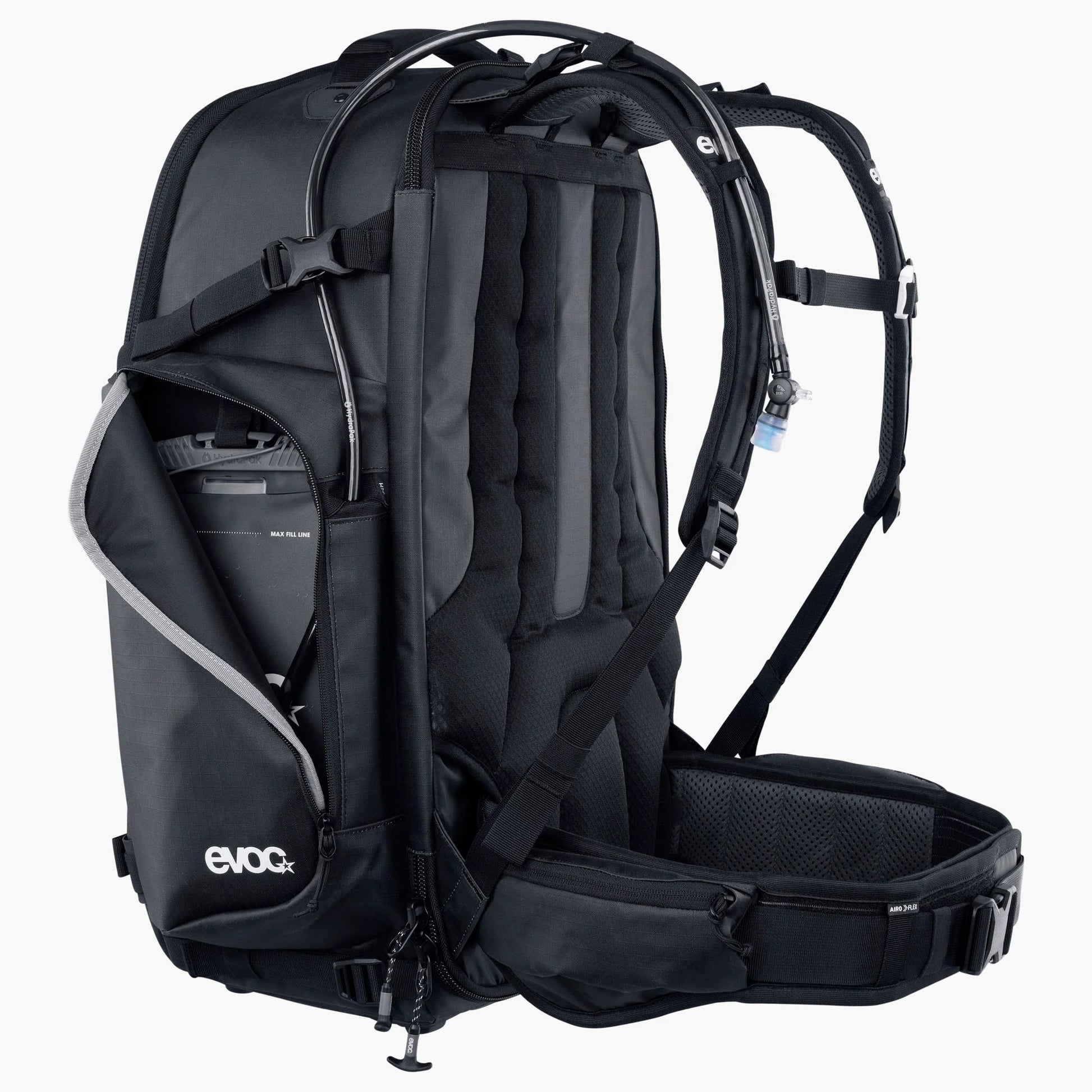 Black backpack with visible 'evoc' branding on a white background