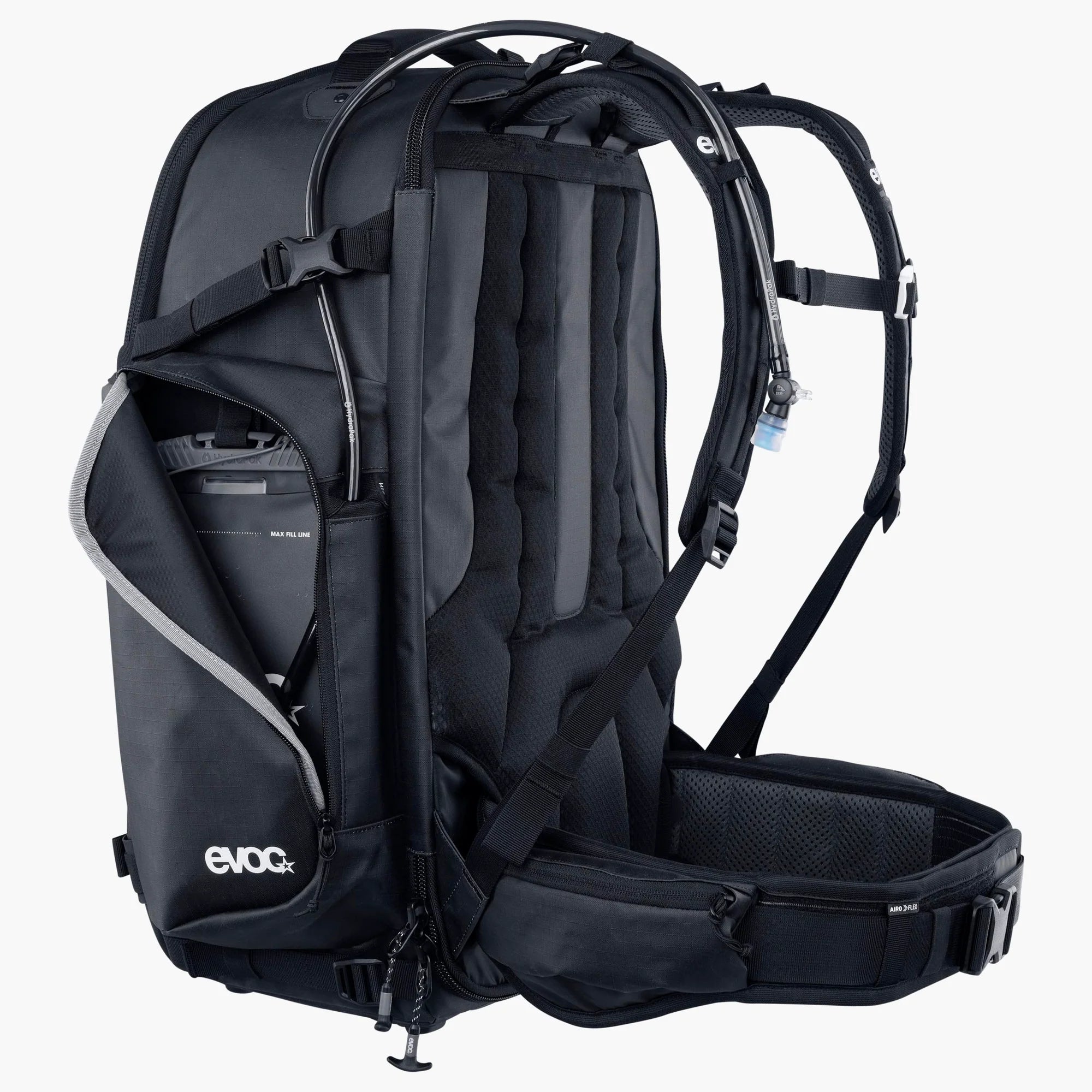 Black backpack with visible 'evoc' branding on a white background