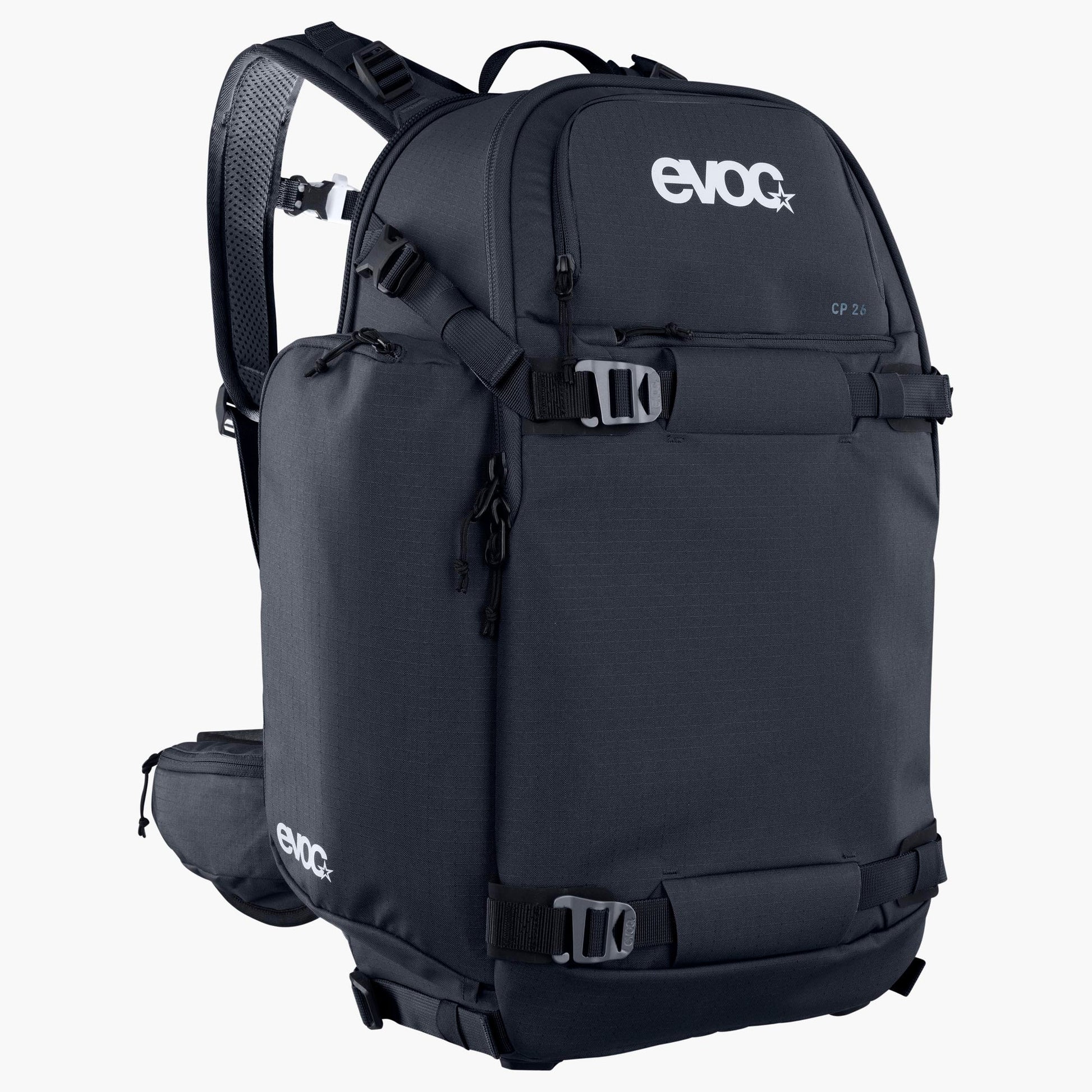 Black backpack with 'evoc' branding on a white background
