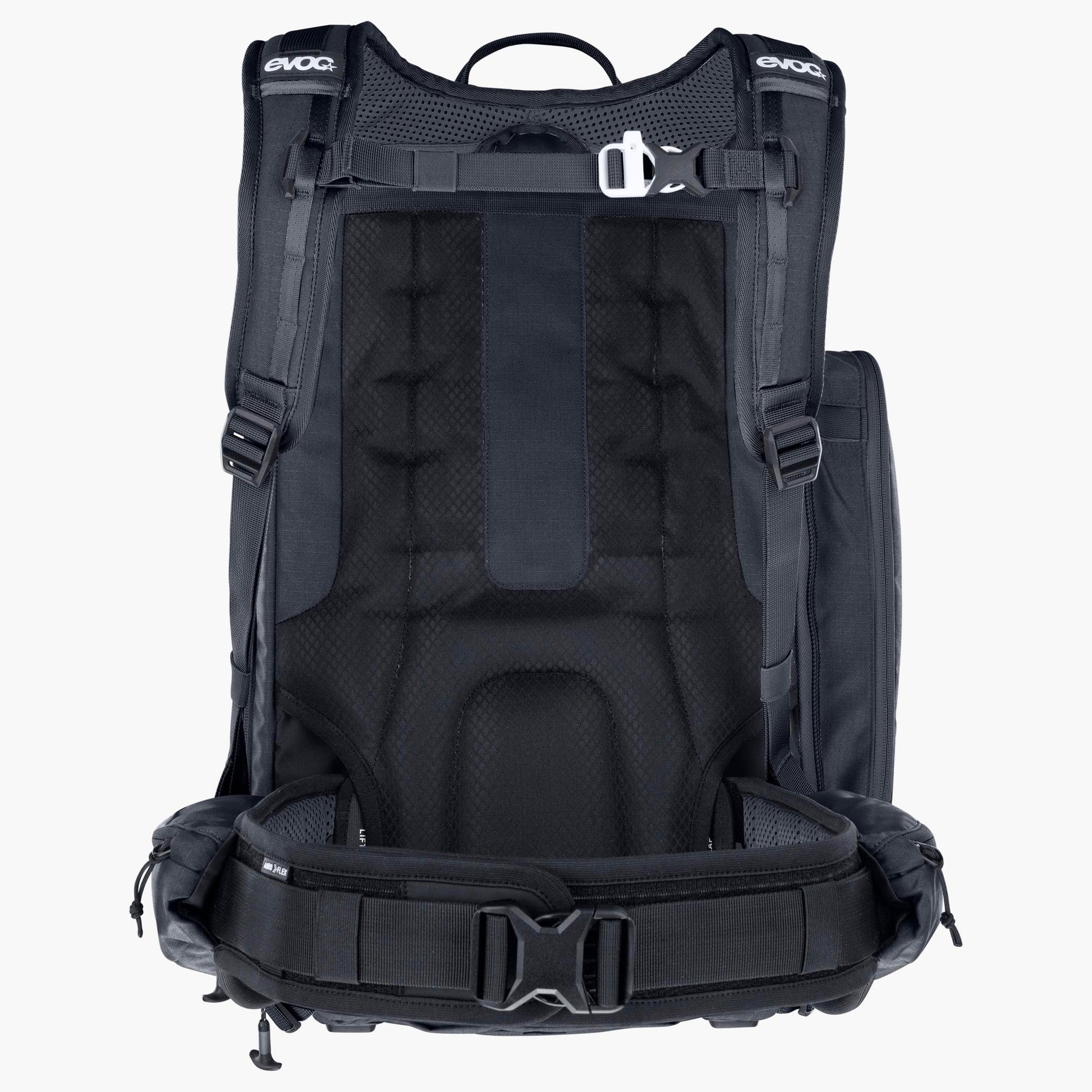 Black backpack with visible branding on a white background