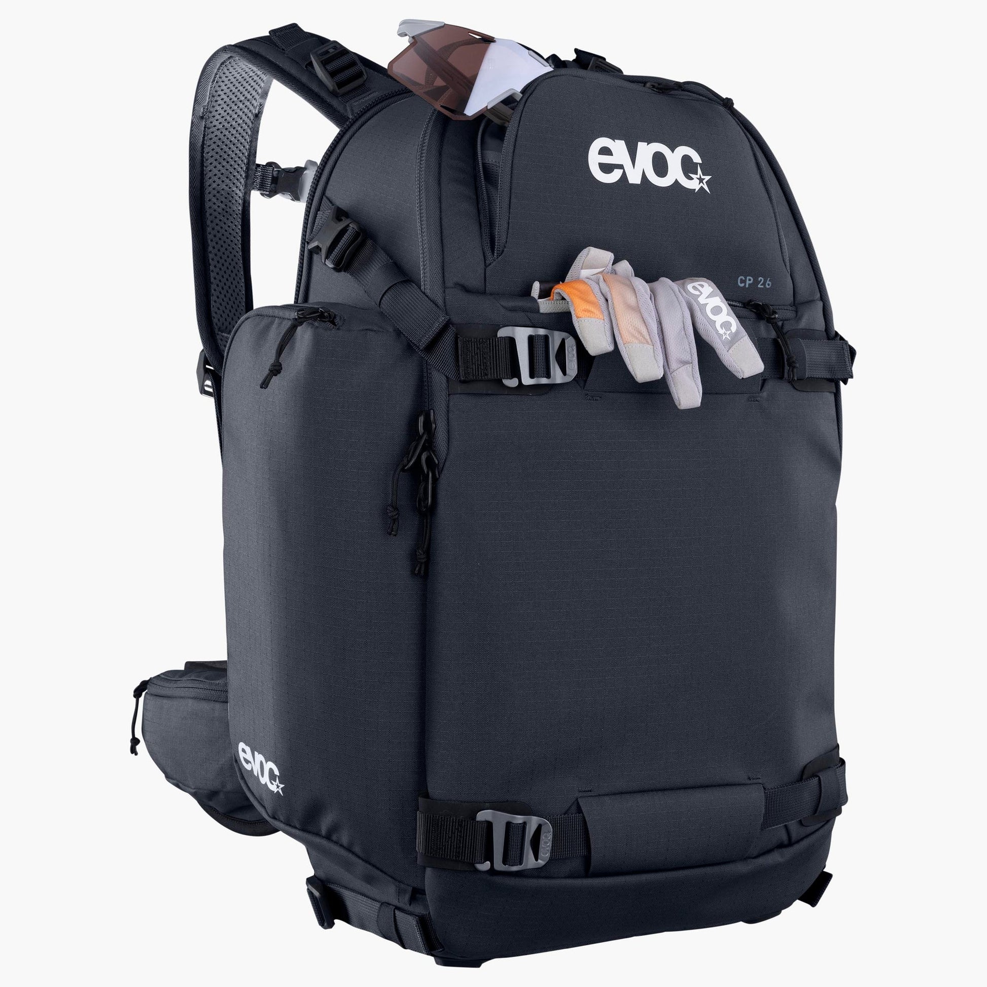 Black backpack with visible branding on a white background
