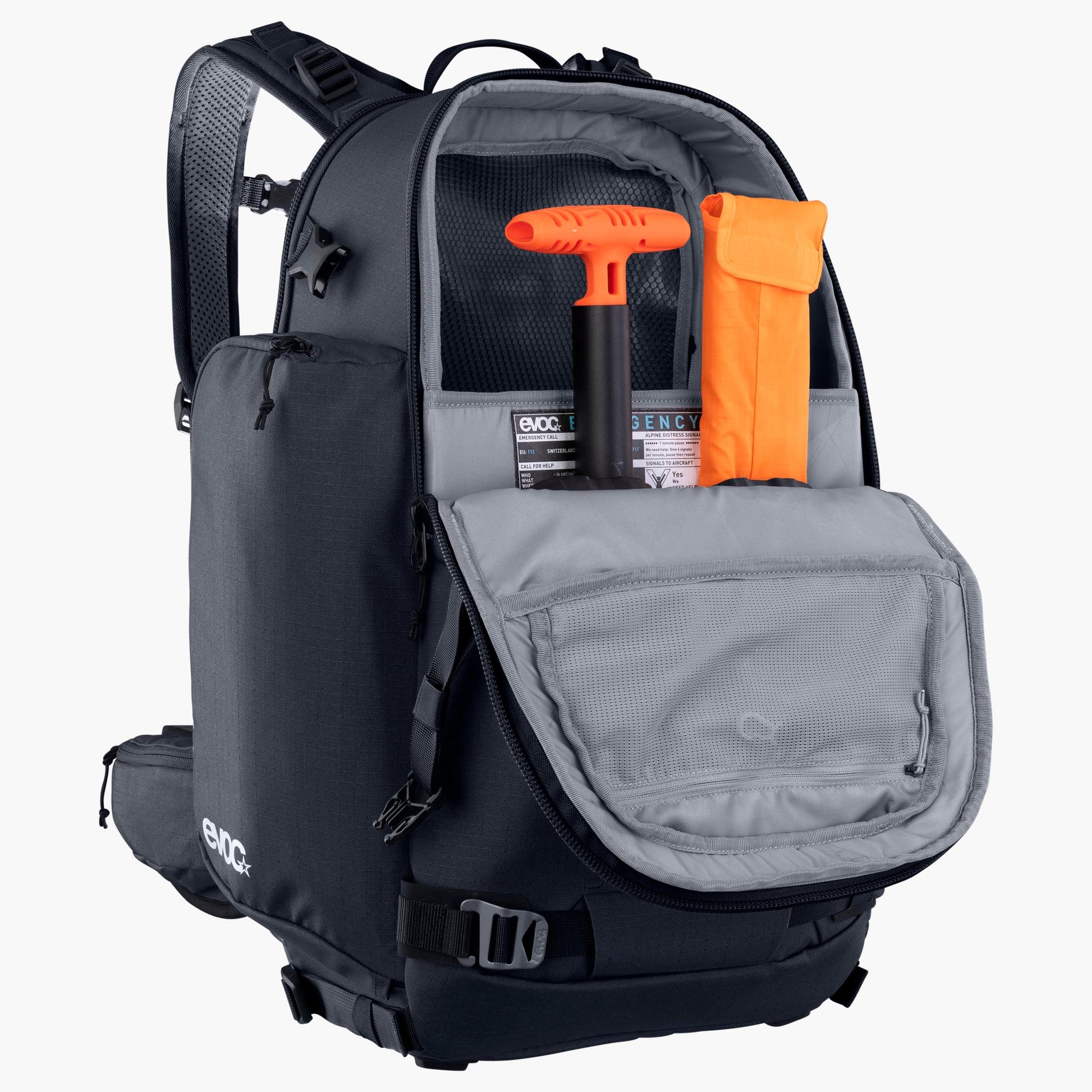 Gray backpack with tools inside on a white background