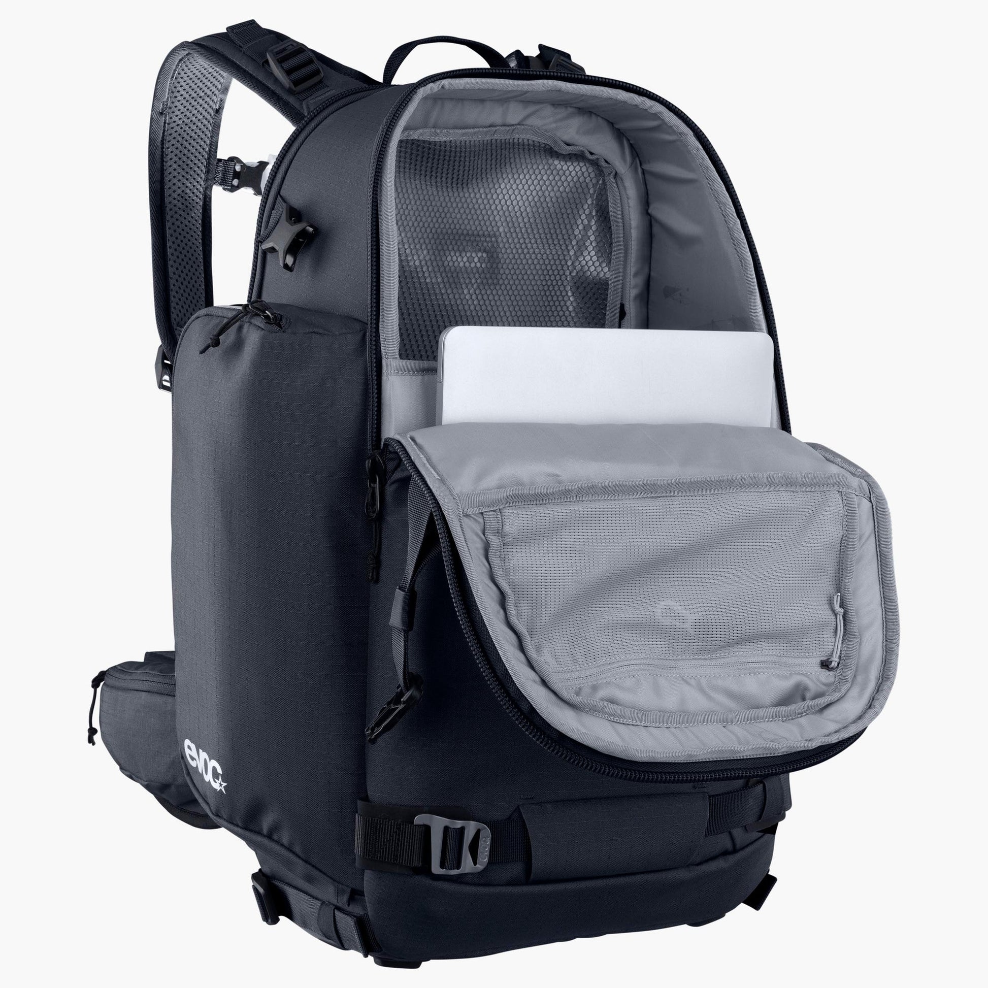 Black backpack with open compartment showing a laptop on a white background