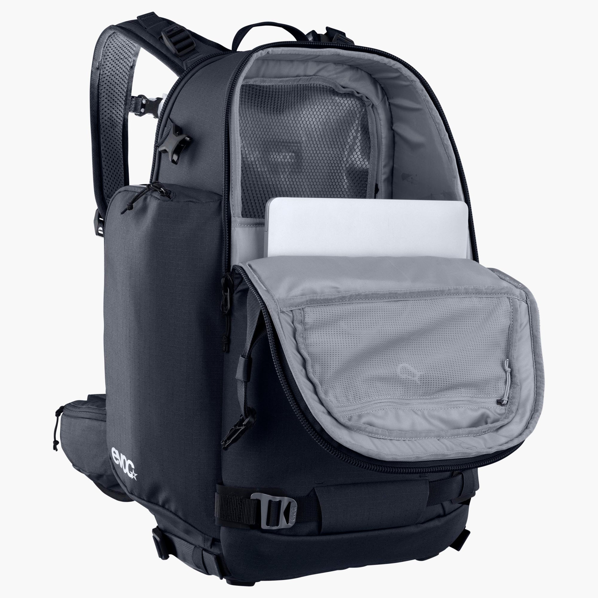 Black backpack with open compartment showing a laptop on a white background