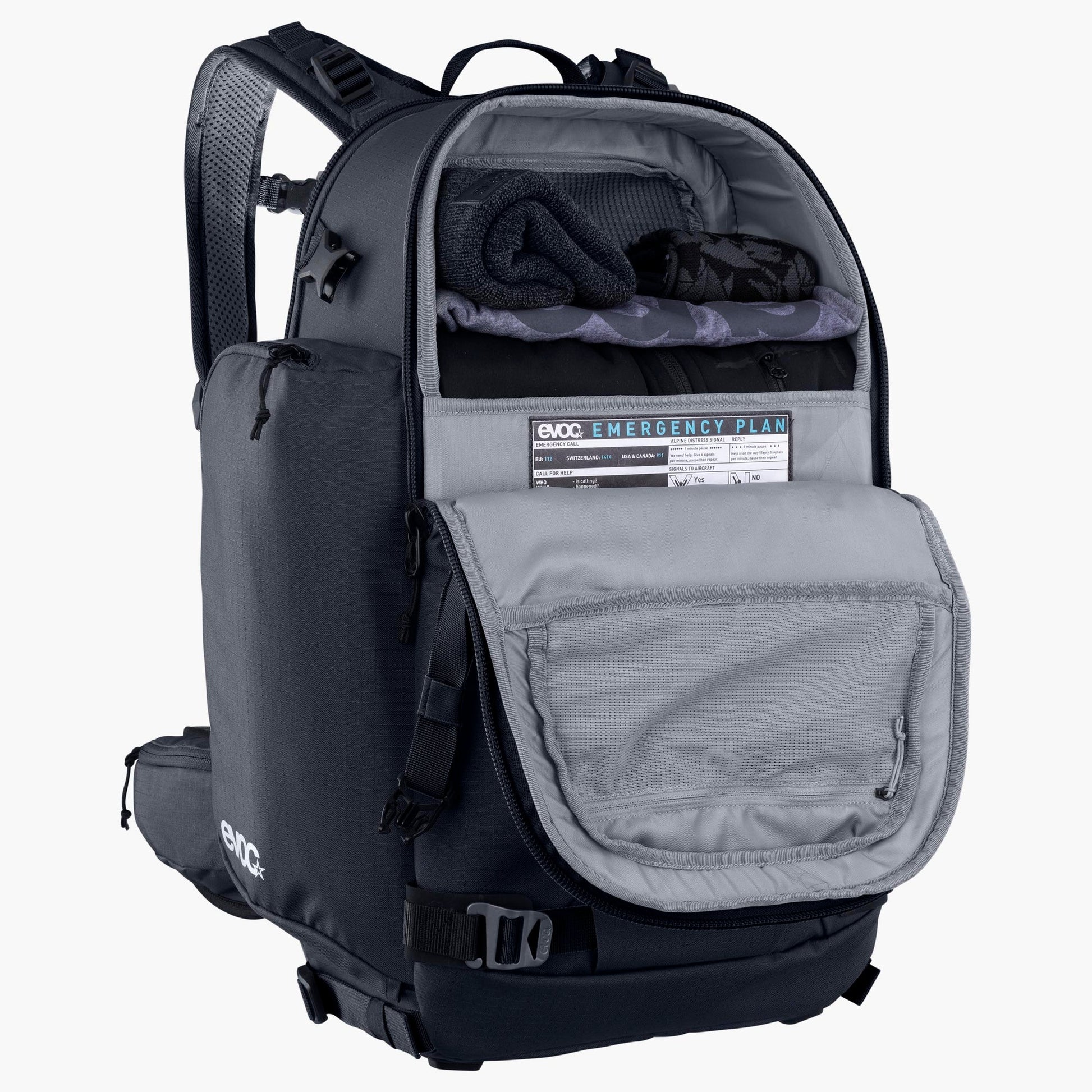 Black and gray backpack with open front pocket on a white background