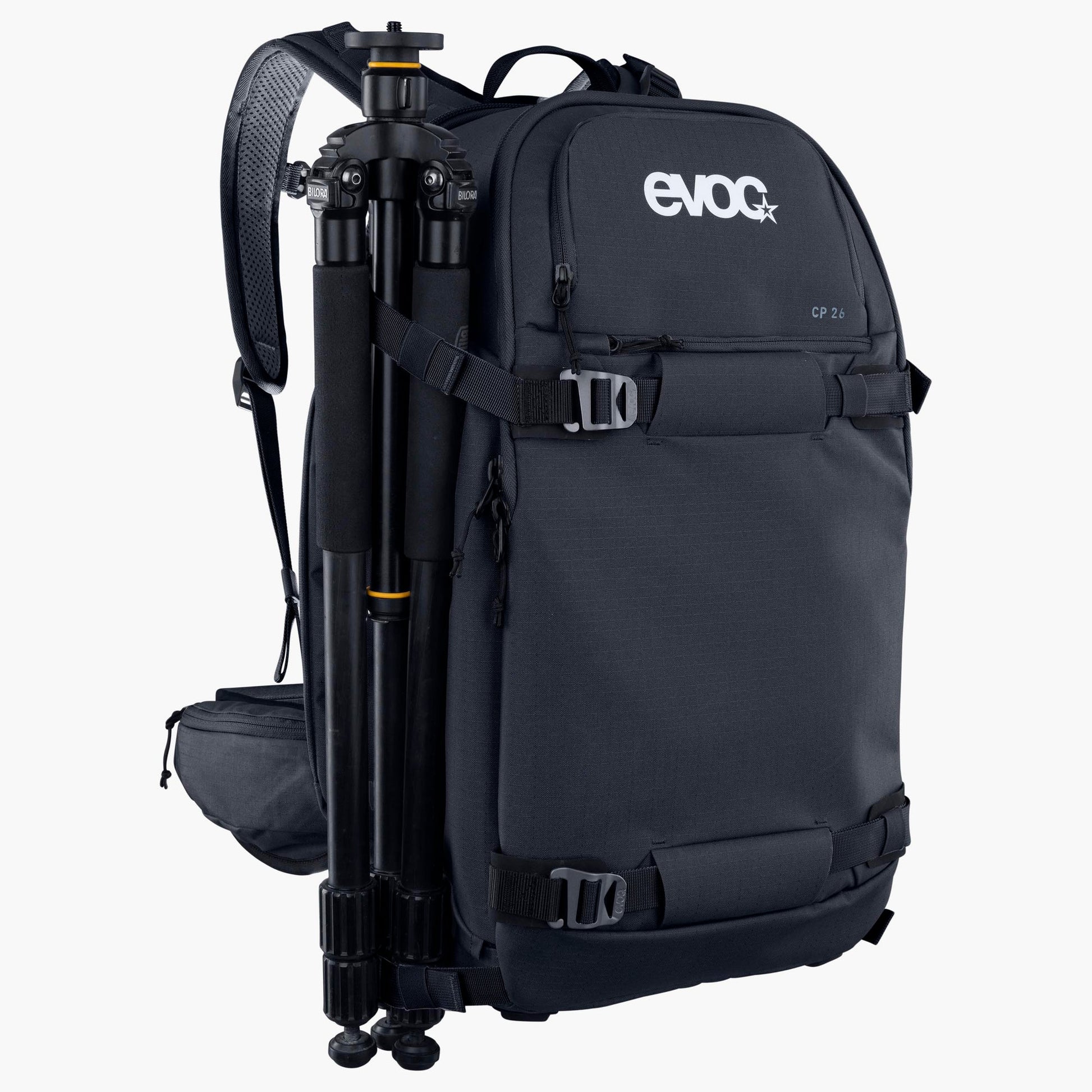 Black backpack with a tripod attached, featuring the Evoc brand logo.
