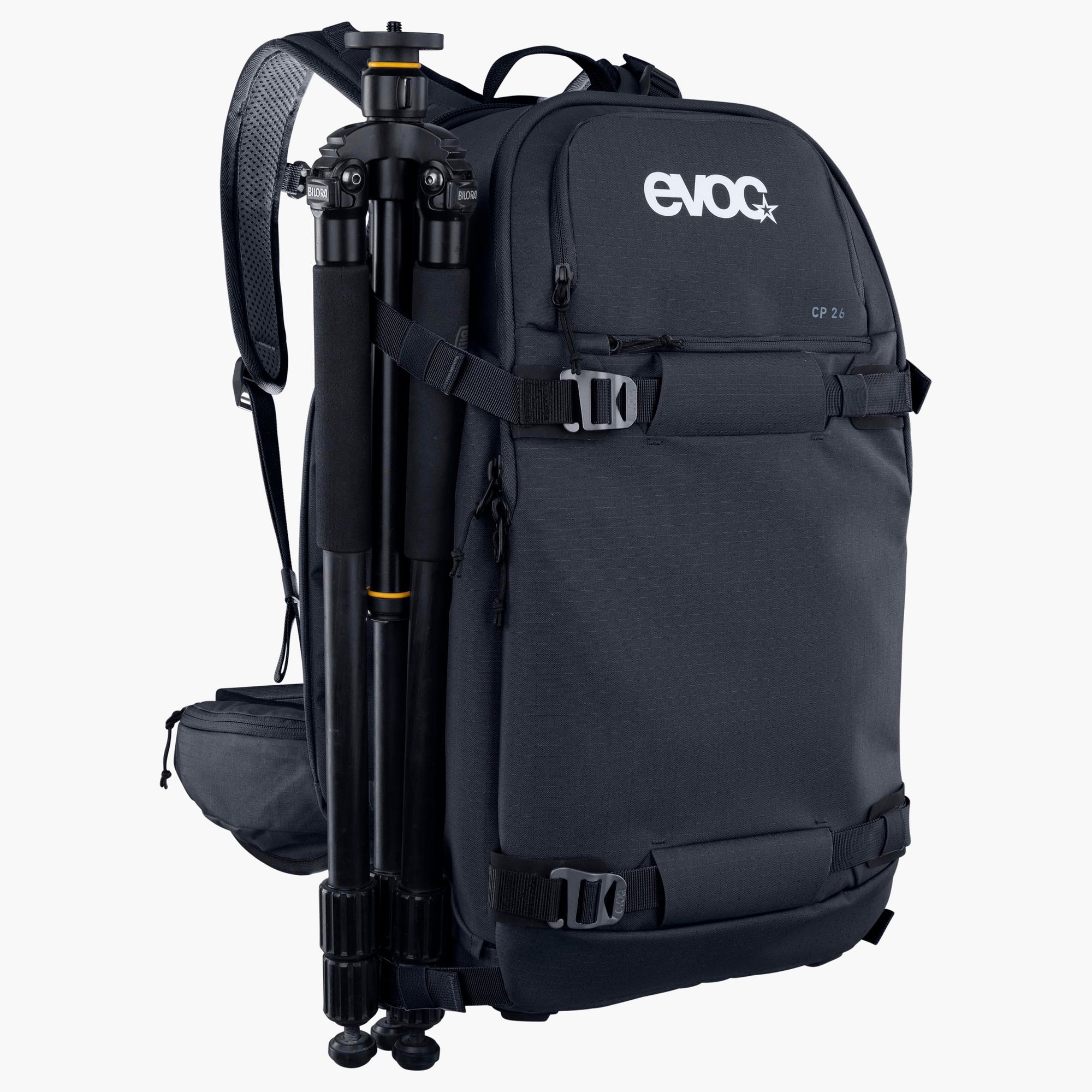 Black backpack with a tripod attached, featuring the Evoc brand logo.