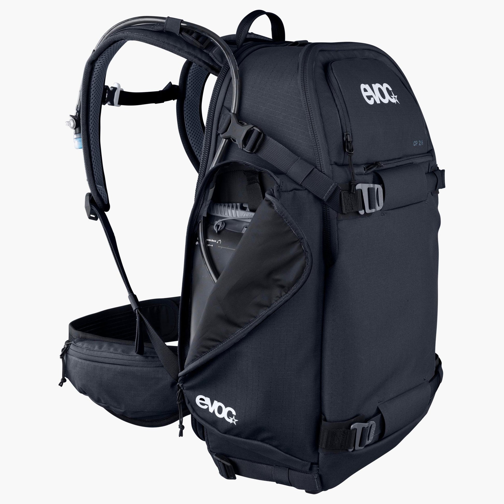 Black backpack with visible 'evoc' branding on a white background
