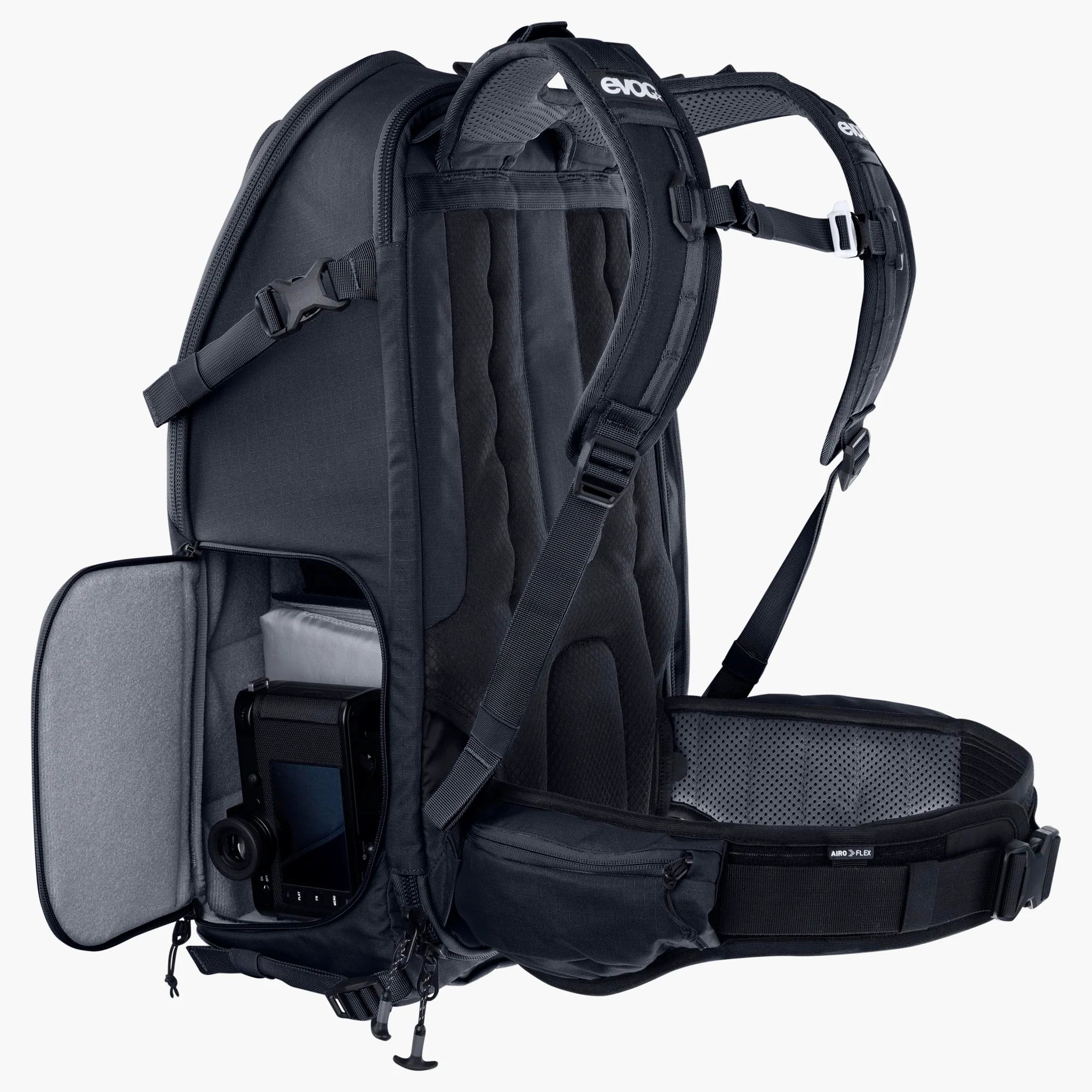 Black backpack with open compartment on a white background