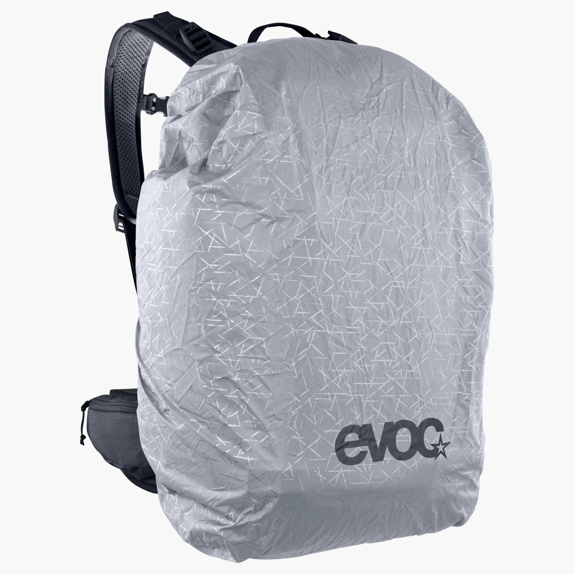 Gray backpack with a patterned cover and 'evoc' branding on a white background