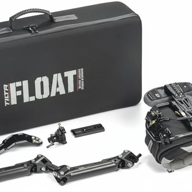 Tilta Float Handheld Gimbal Support System for DJI RS 2 with V-Mount battery for balanced and extended shooting.