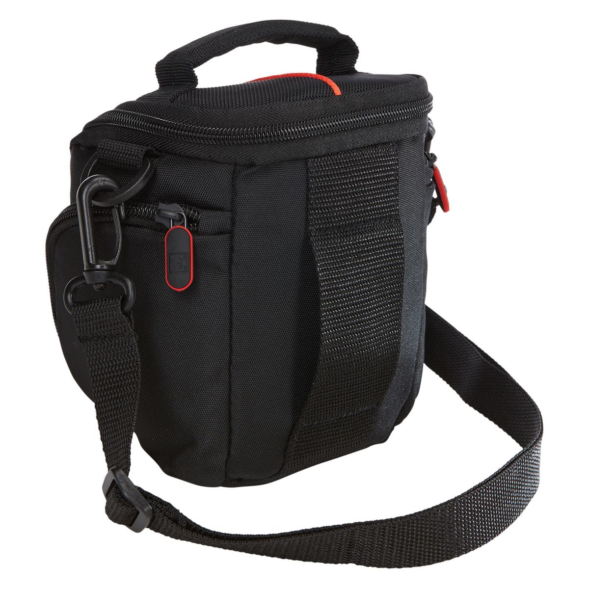 Black camera bag with a strap on a white background