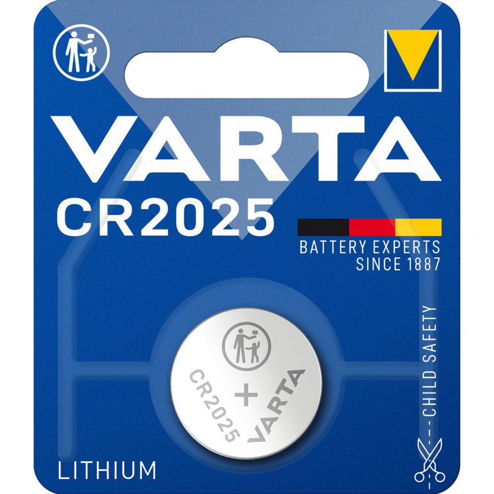 Varta CR2025 3V lithium coin battery on white background.