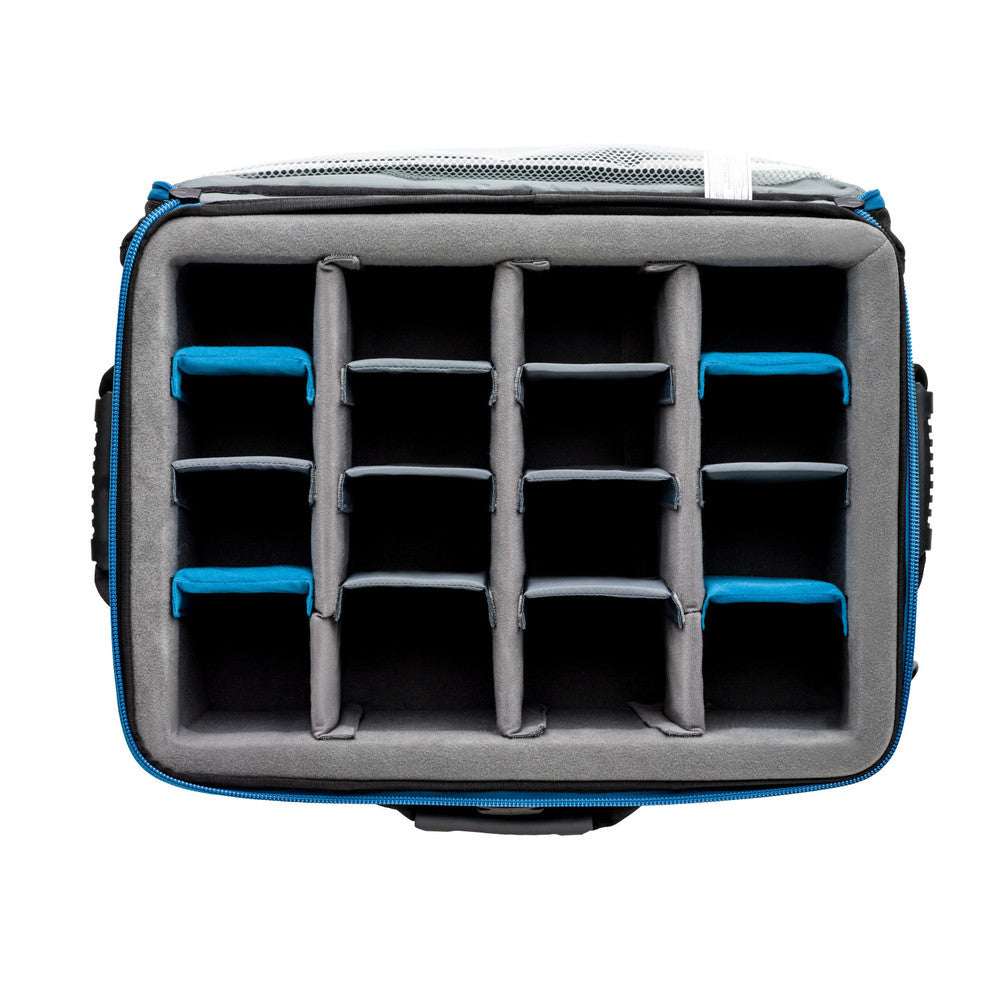 Gray and blue compartmentalized bag on a white background