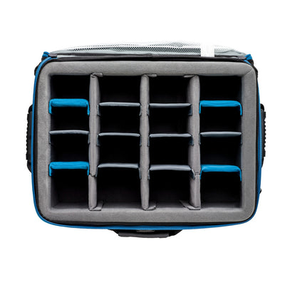 Gray and blue compartmentalized bag on a white background