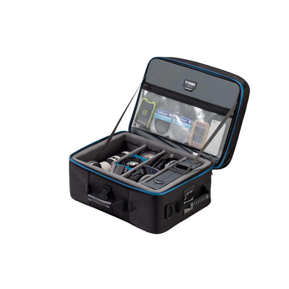 Black and gray travel case with organized compartments on a white background