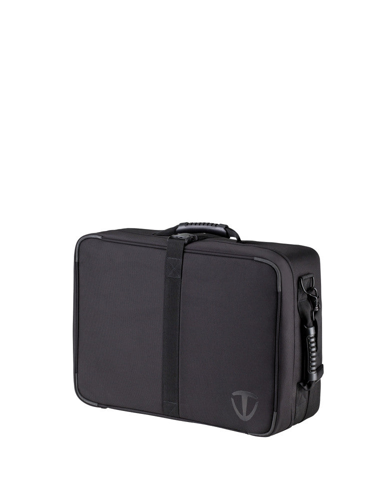 Black carrying case with a visible brand logo on a white background